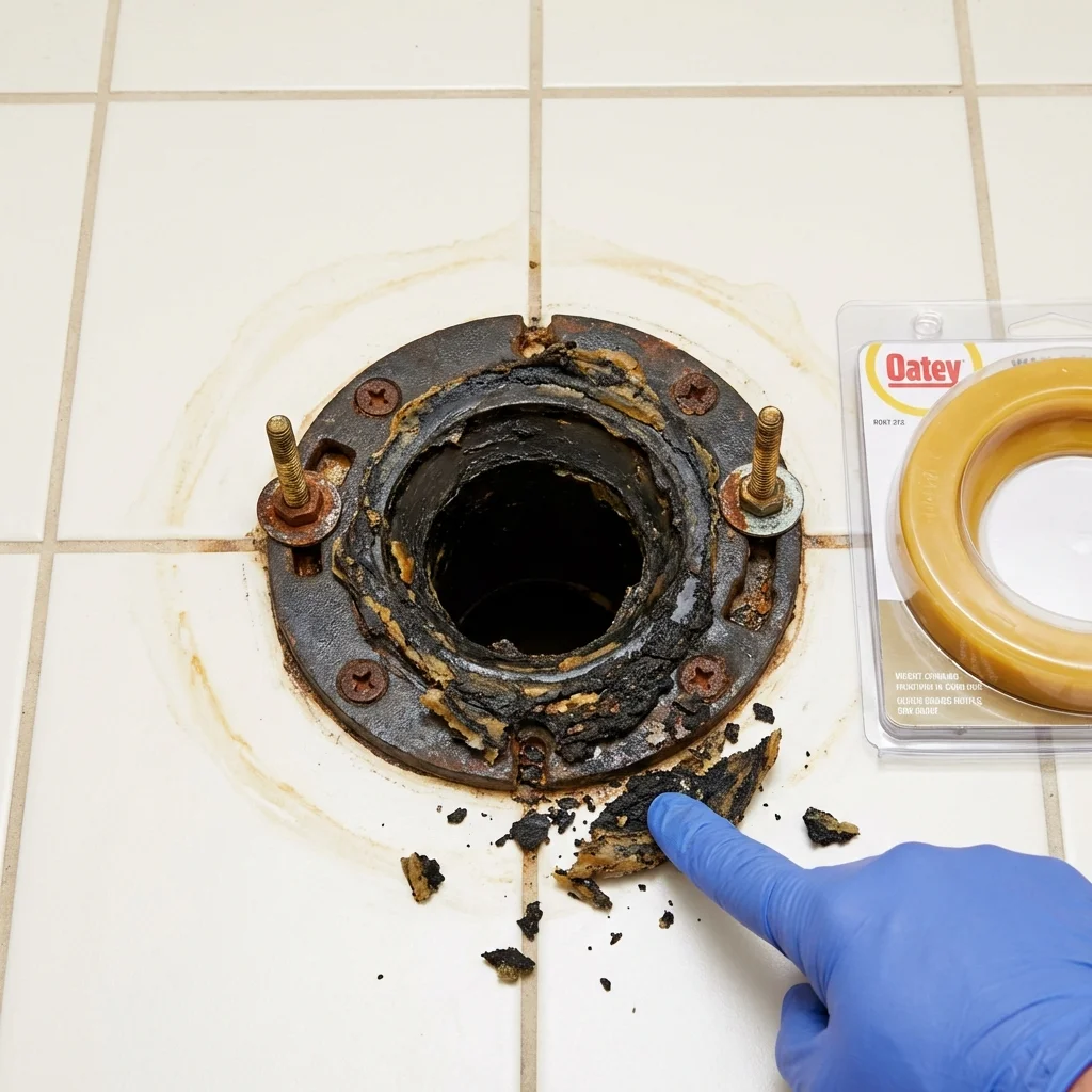 Failed wax ring showing water seepage at the base of a toilet in a Freedom, NH home