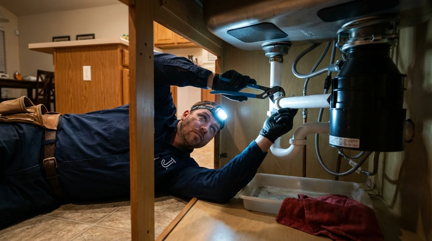 P-trap and supply line connections under a kitchen sink showing a common leak point in Freedom, NH